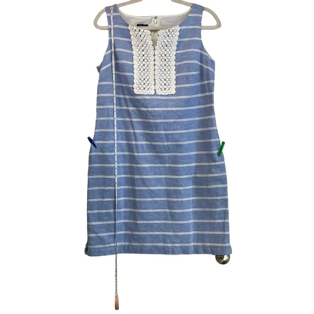 Talbots Womens Size 8 P Blue/White Striped Linen Blend Crochet V Neck